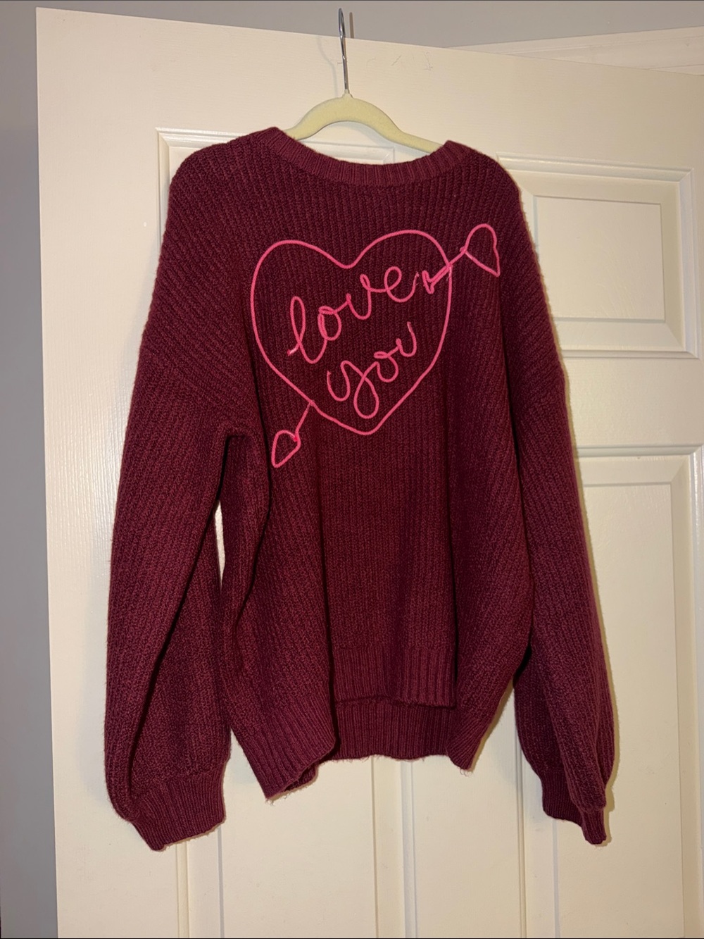 Old Navy Maroon Knit Sweater with Pink Heart Script